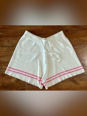 White Knit Drawstring Shorts with Pink Stripe